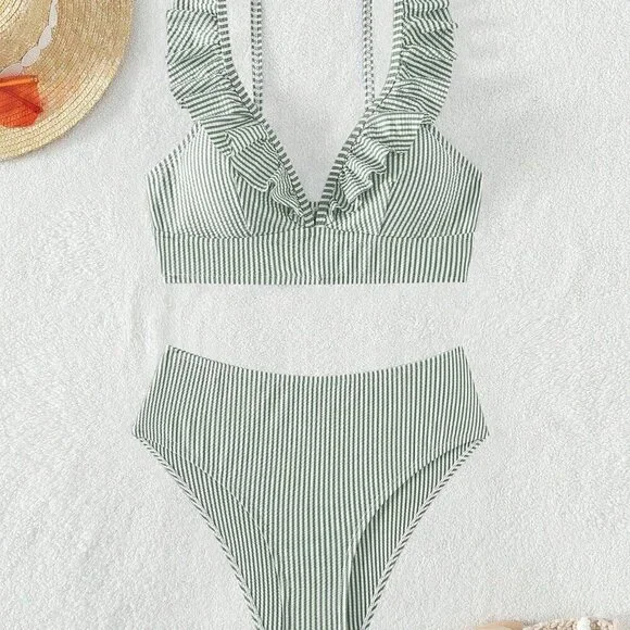 Green Women's Swim Summer Beach Striped Ruffle Trim Bikini Swimsuit